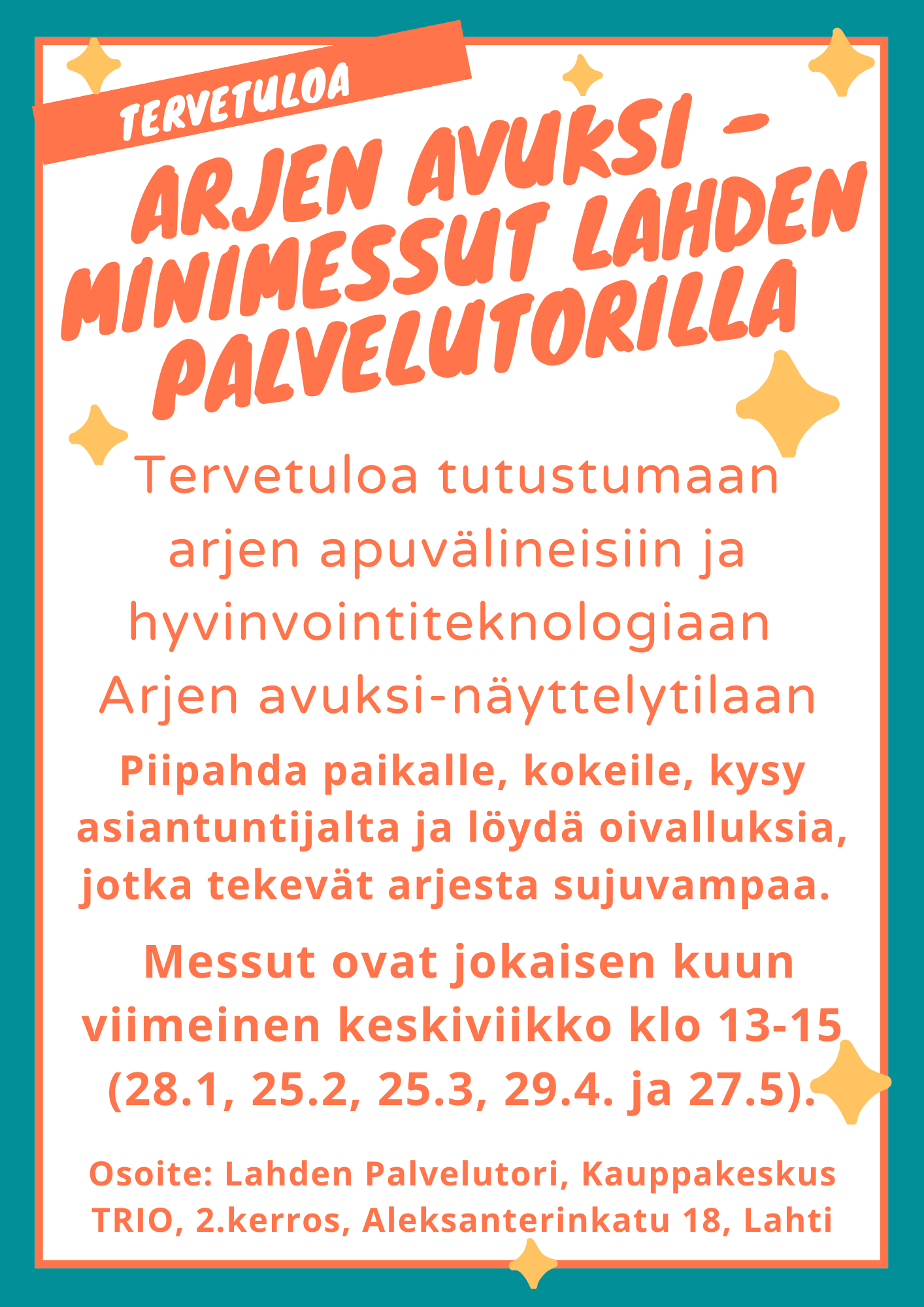 Lahden Palvelutorilla kevään 2026 ajan minimessut arjen apuvälineisiin sekä hyvinvointiteknologiaan liittyen. Tervetuloa!